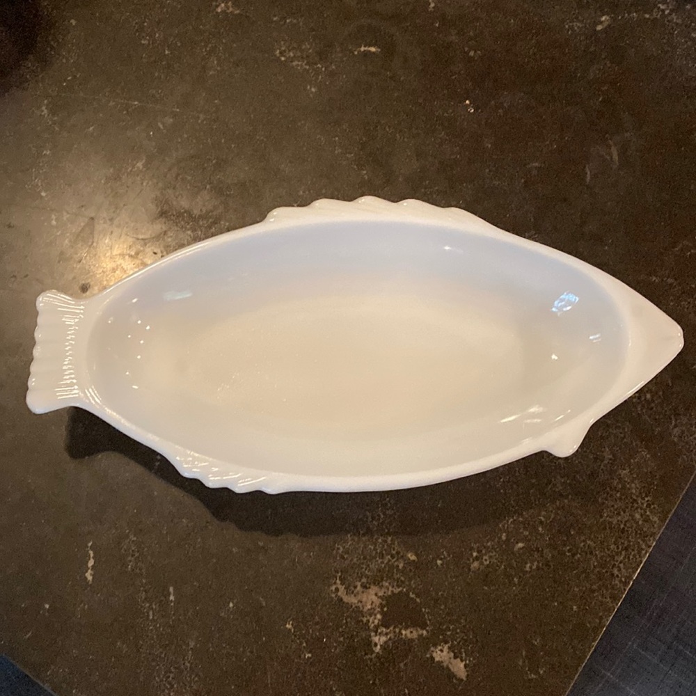 Vintage Glasbake Milk Glass Fish Serving Dish